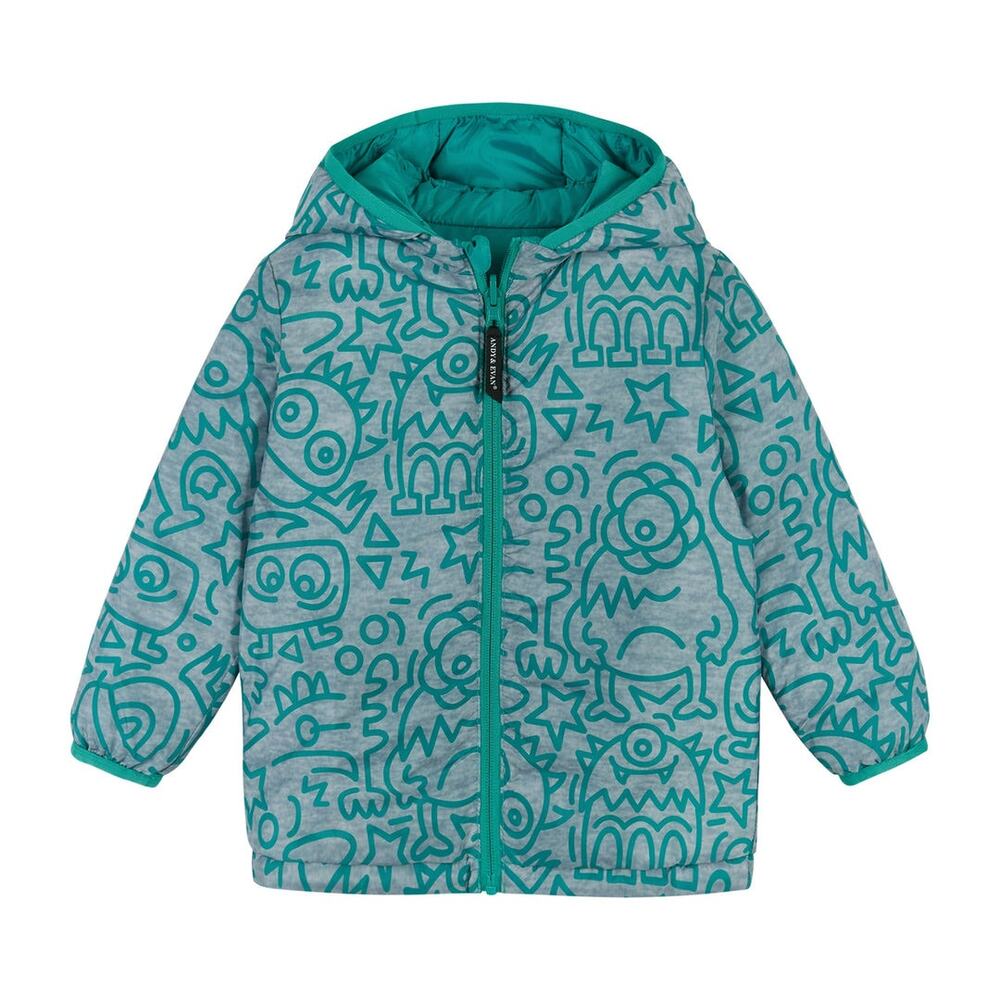 Andy and Evan Reversible Aqua Monsters Puffer Hooded Jacket Size 12-18 Months - Picture 3 of 11